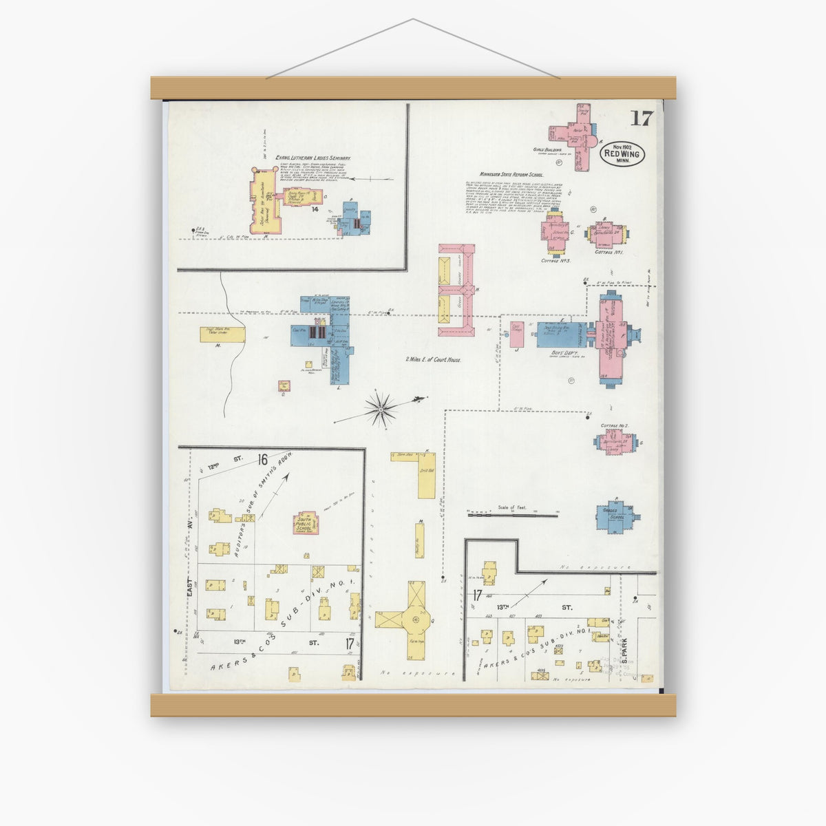 Old map wall art mockup — magnetic wood frame on white wall — Sanborn Fire Insurance Map from Red Wing, Goodhue County, Minnesota (1902), Sheet #0017