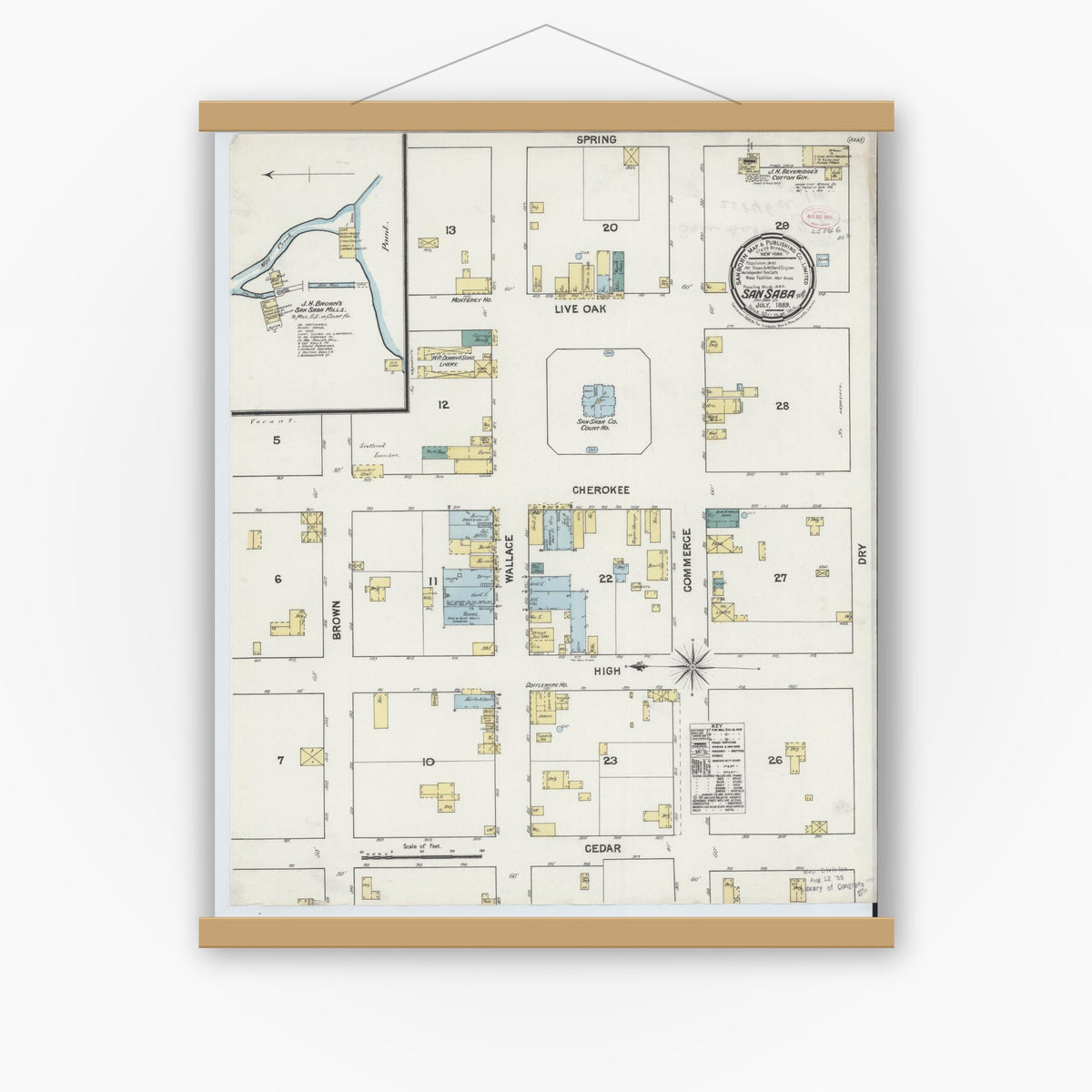 Old map wall art mockup — magnetic wood frame on white wall — Sanborn Fire Insurance Map from San Saba, San Saba County, Texas (1889), Sheet #0001