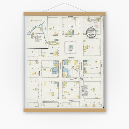 Old map wall art mockup — magnetic wood frame on white wall — Sanborn Fire Insurance Map from San Saba, San Saba County, Texas (1889), Sheet #0001