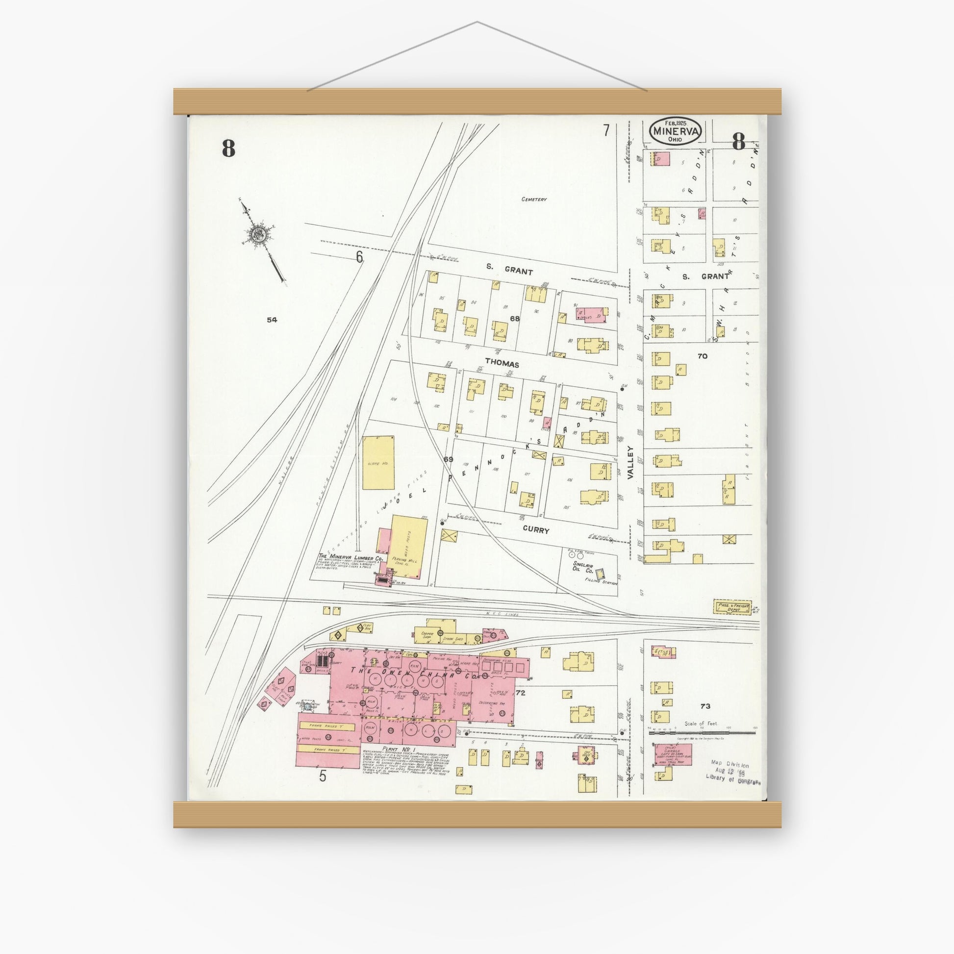 Old map wall art mockup — magnetic wood frame on white wall — Sanborn Fire Insurance Map from Minerva, Stark And Carroll Counties, Ohio (1925), Sheet #0008