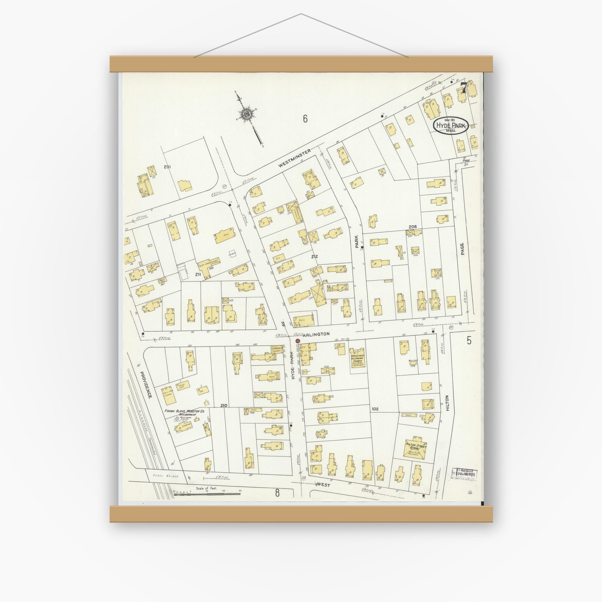Old map wall art mockup — magnetic wood frame on white wall — Sanborn Fire Insurance Map from Hyde Park, Norfolk County, Massachusetts (1911), Sheet #0007