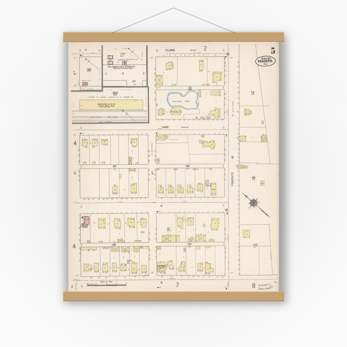 Old map wall art mockup — magnetic wood frame on white wall — Sanborn Fire Insurance Map from Madera, Madera County, California (1912), Sheet #0005