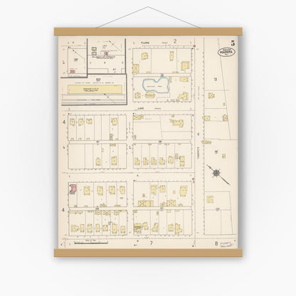 Old map wall art mockup — magnetic wood frame on white wall — Sanborn Fire Insurance Map from Madera, Madera County, California (1912), Sheet #0005