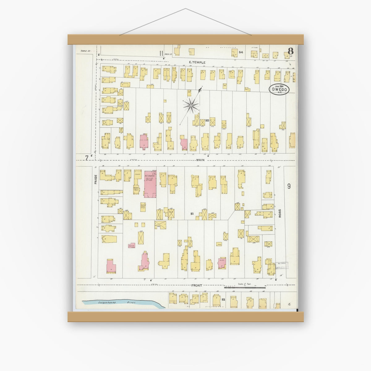 Old map wall art mockup — magnetic wood frame on white wall — Sanborn Fire Insurance Map from Owego, Tioga County, New York (1904), Sheet #0008