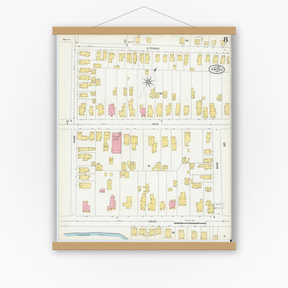 Old map wall art mockup — magnetic wood frame on white wall — Sanborn Fire Insurance Map from Owego, Tioga County, New York (1904), Sheet #0008