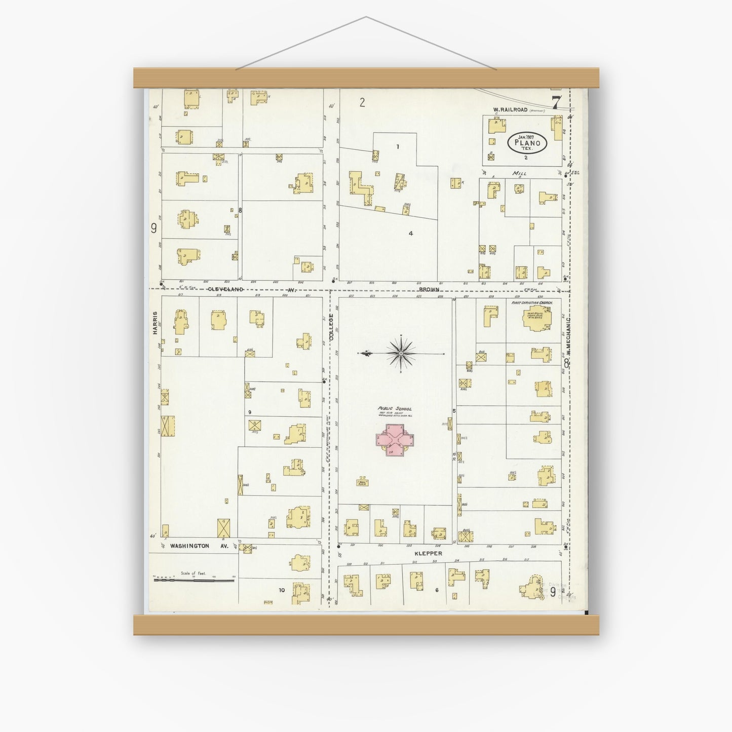 Old map wall art mockup — magnetic wood frame on white wall — Sanborn Fire Insurance Map from Plano, Collin County, Texas (1907), Sheet #0007