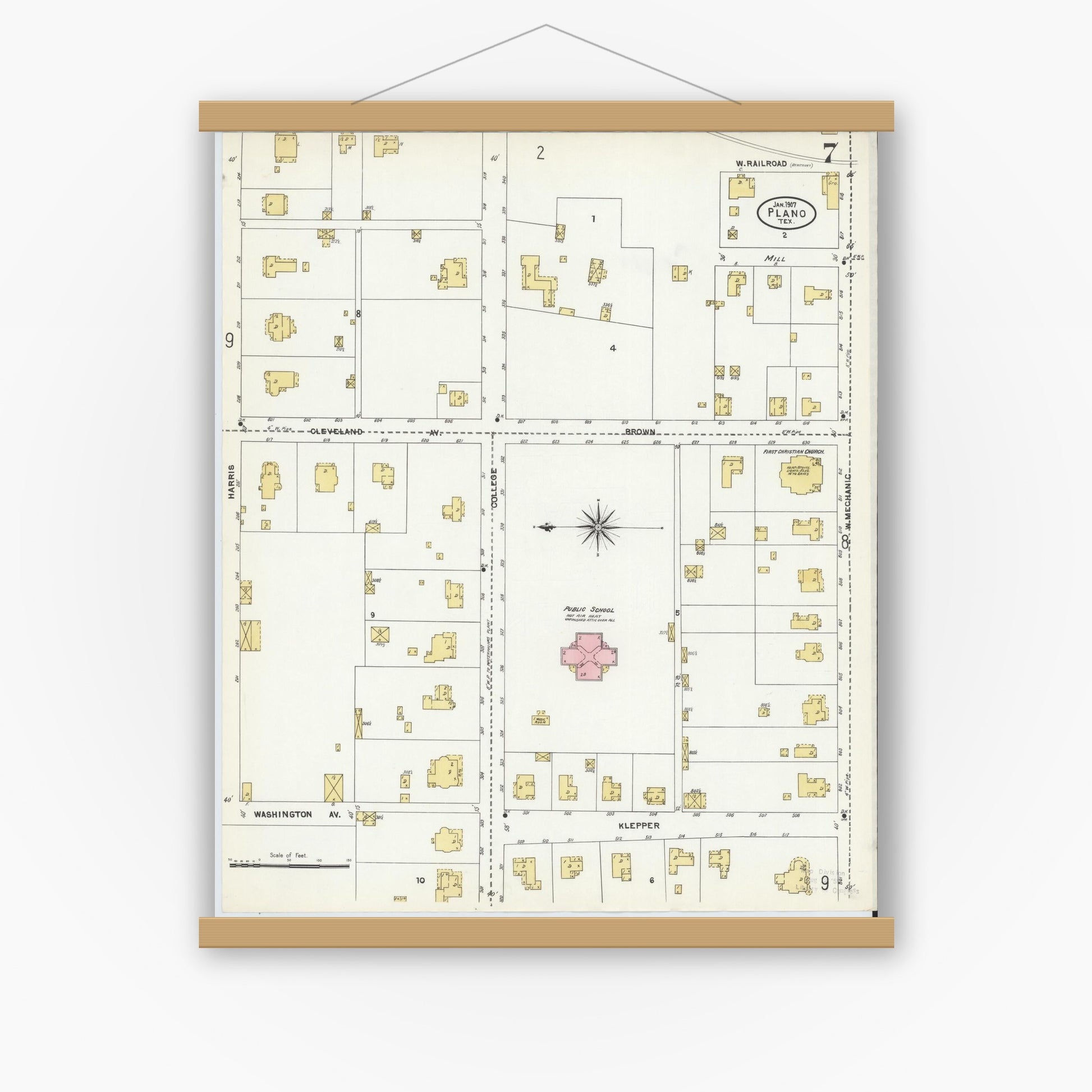 Old map wall art mockup — magnetic wood frame on white wall — Sanborn Fire Insurance Map from Plano, Collin County, Texas (1907), Sheet #0007