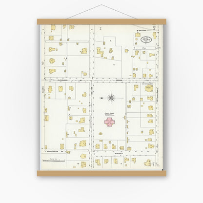 Old map wall art mockup — magnetic wood frame on white wall — Sanborn Fire Insurance Map from Plano, Collin County, Texas (1907), Sheet #0007