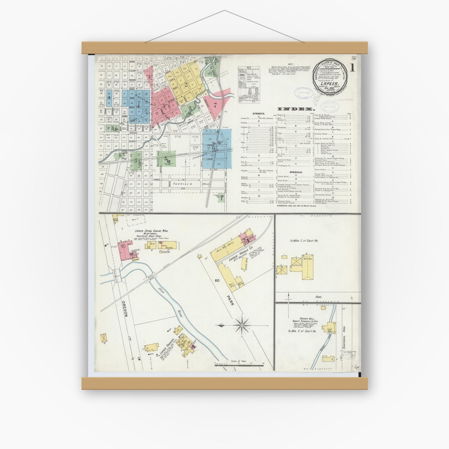 Old map wall art mockup — magnetic wood frame on white wall — Sanborn Fire Insurance Map from Lapeer, Lapeer County, Michigan (1898), Sheet #0001
