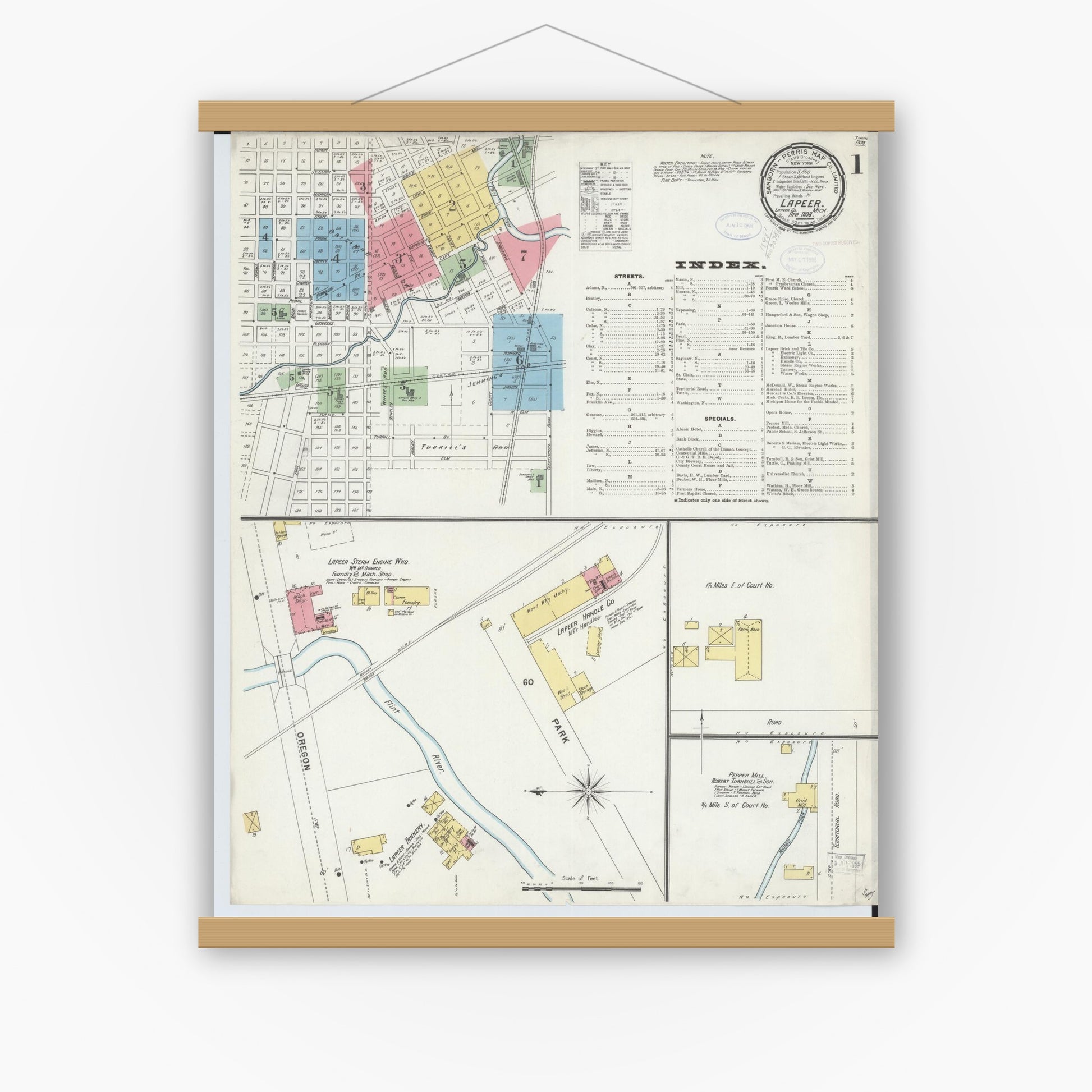 Old map wall art mockup — magnetic wood frame on white wall — Sanborn Fire Insurance Map from Lapeer, Lapeer County, Michigan (1898), Sheet #0001