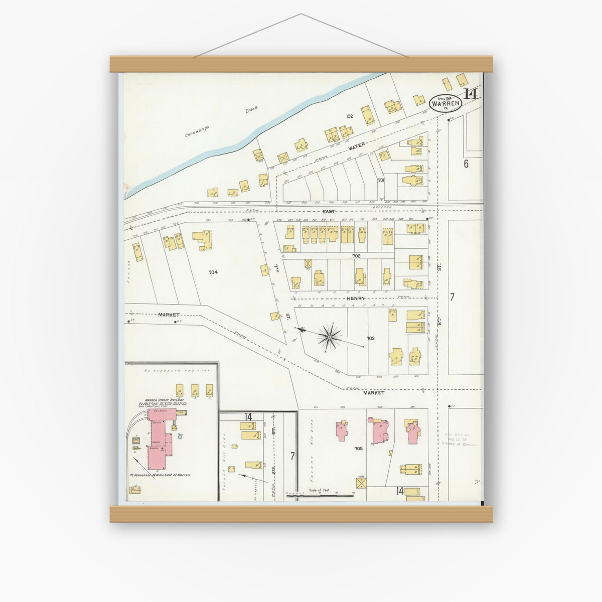 Old map wall art mockup — magnetic wood frame on white wall — Sanborn Fire Insurance Map from Warren, Warren County, Pennsylvania (1904), Sheet #0014