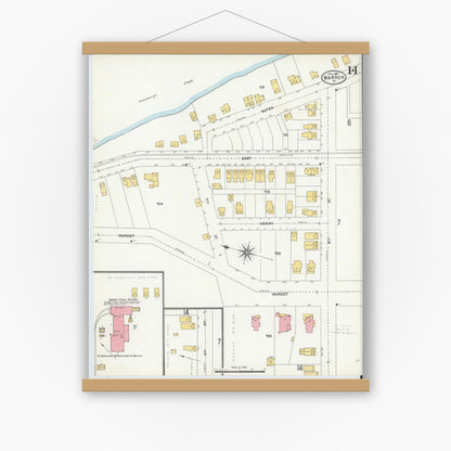 Old map wall art mockup — magnetic wood frame on white wall — Sanborn Fire Insurance Map from Warren, Warren County, Pennsylvania (1904), Sheet #0014