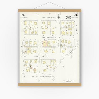 Old map wall art mockup — magnetic wood frame on white wall — Sanborn Fire Insurance Map from Bryan, Brazos County, Texas (1925), Sheet #0020