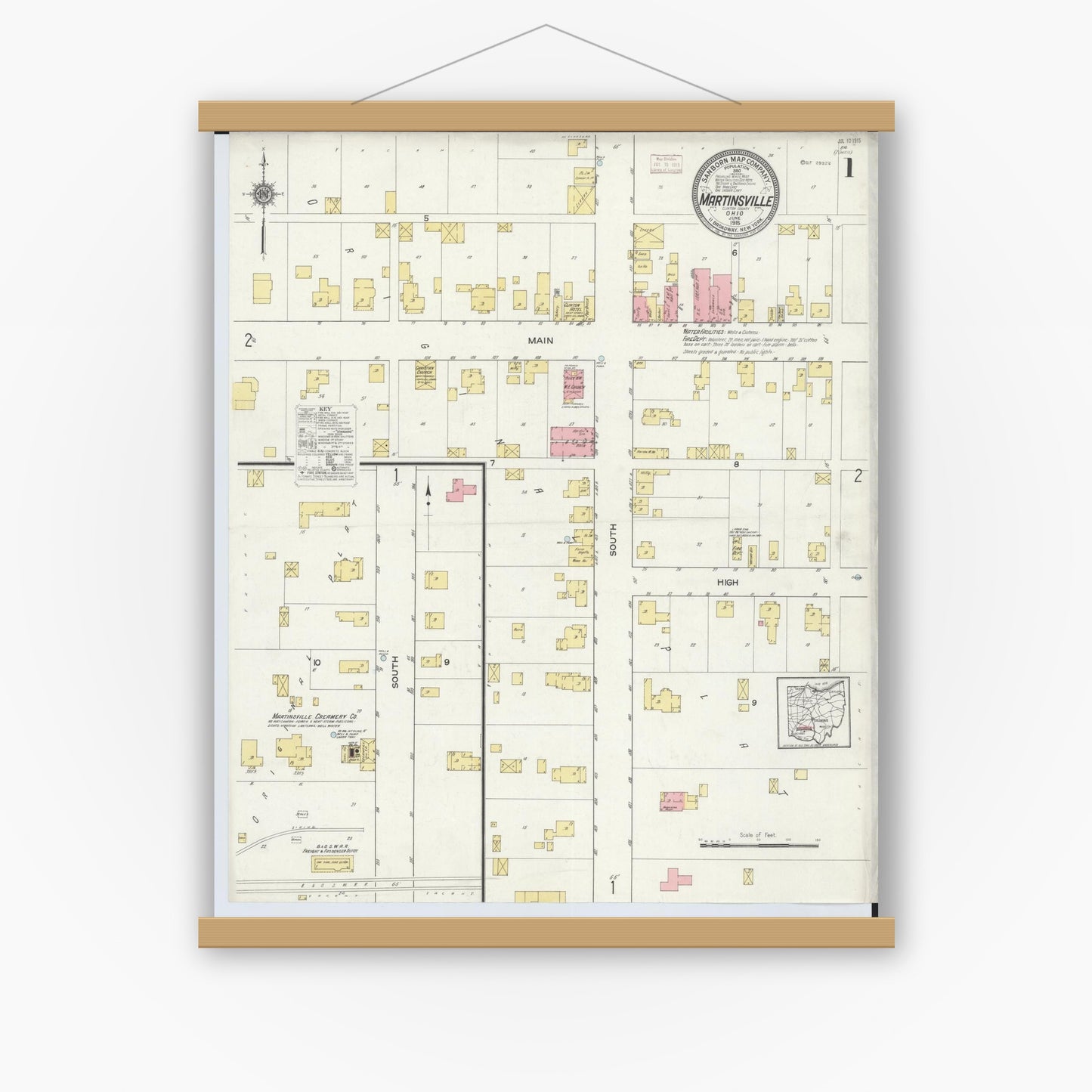 Old map wall art mockup — magnetic wood frame on white wall — Sanborn Fire Insurance Map from Martinsville, Clinton County, Ohio (1915), Sheet #0001