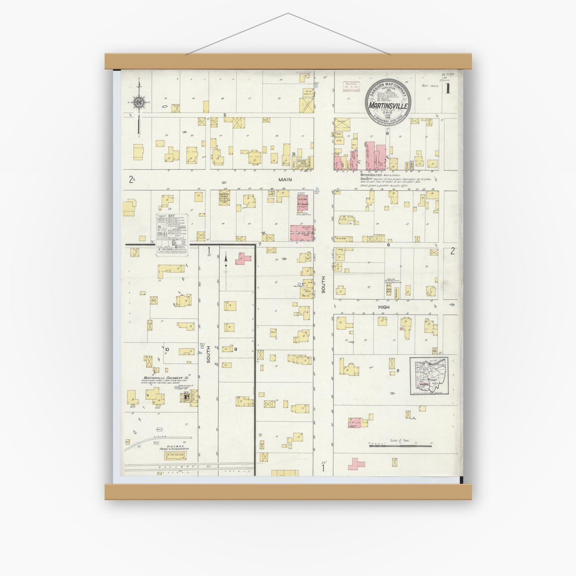 Old map wall art mockup — magnetic wood frame on white wall — Sanborn Fire Insurance Map from Martinsville, Clinton County, Ohio (1915), Sheet #0001
