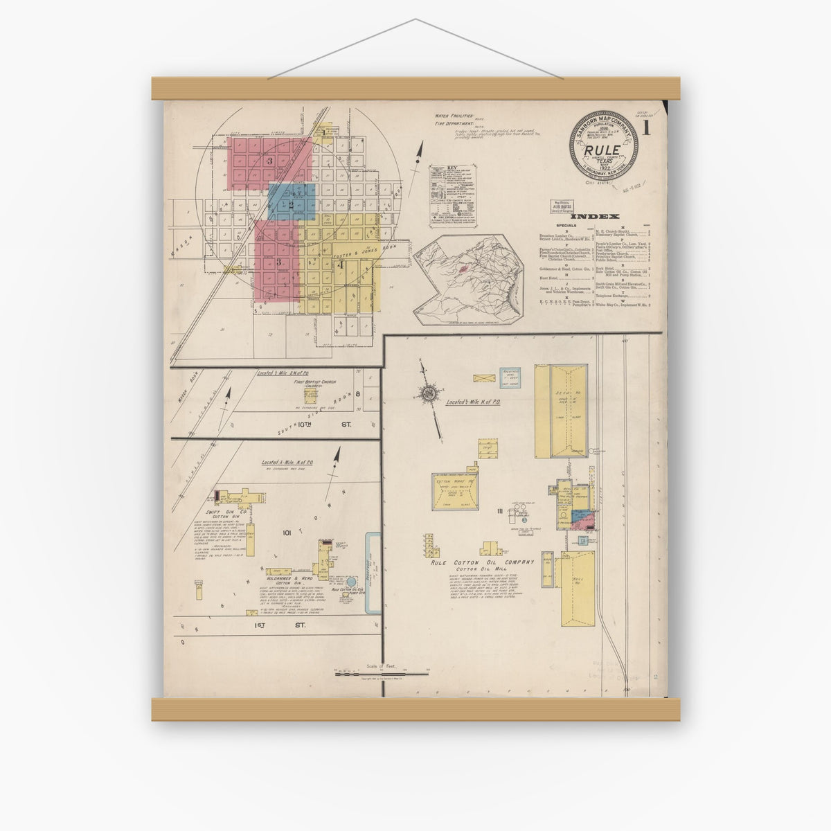 Old map wall art mockup — magnetic wood frame on white wall — Sanborn Fire Insurance Map from Rule, Haskell County, Texas (1922), Sheet #0001