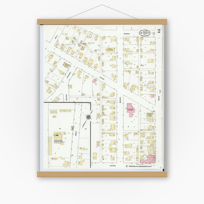 Old map wall art mockup — magnetic wood frame on white wall — Sanborn Fire Insurance Map from Degraff, Logan County, Ohio (1910), Sheet #0002