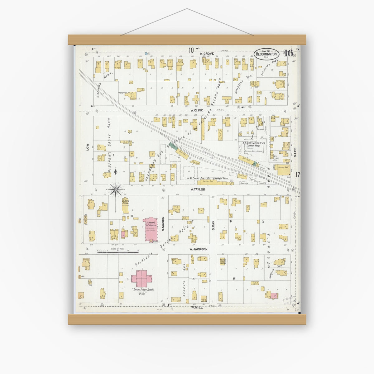 Old map wall art mockup — magnetic wood frame on white wall — Sanborn Fire Insurance Map from Bloomington, McLean County, Illinois (1901), Sheet #0016
