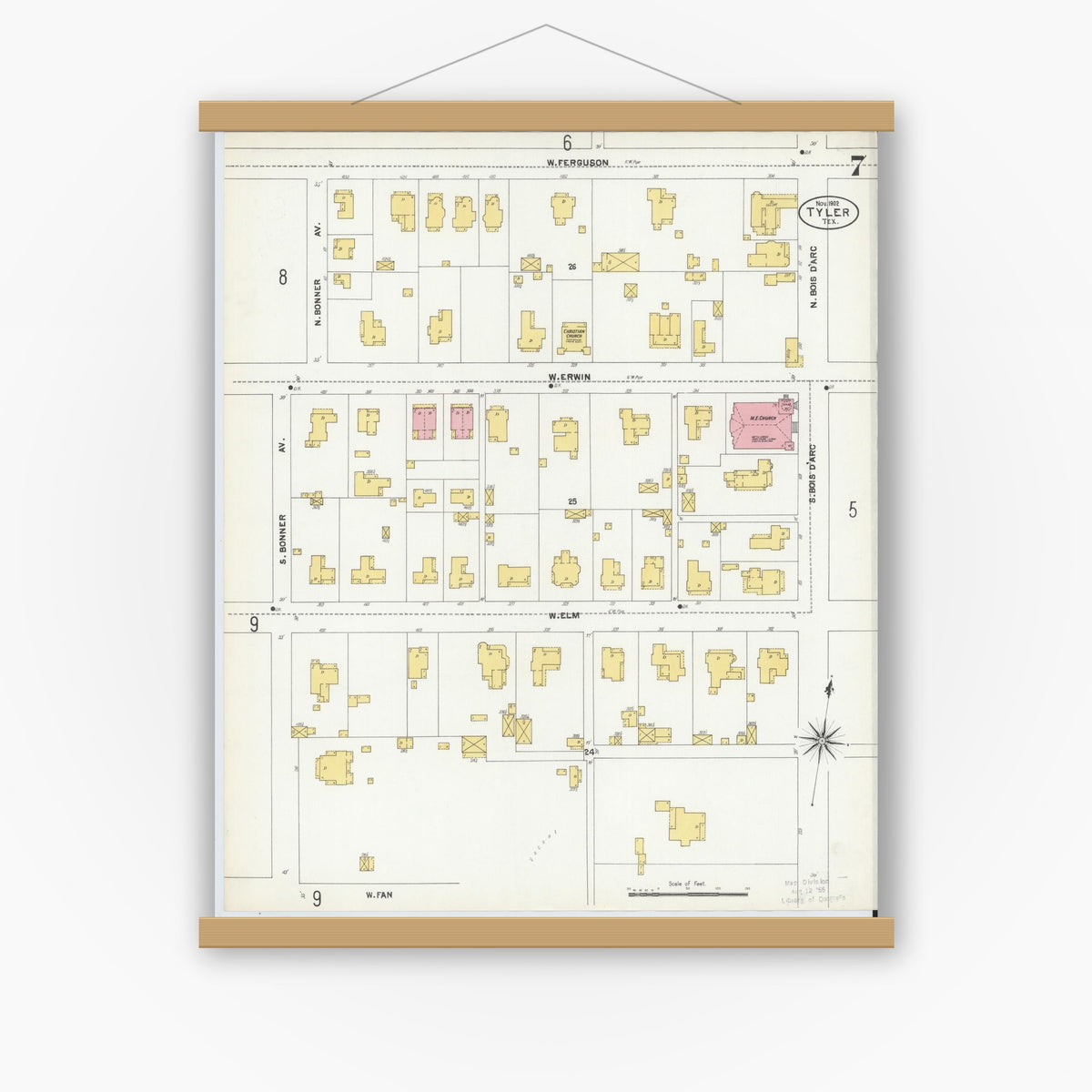 Old map wall art mockup — magnetic wood frame on white wall — Sanborn Fire Insurance Map from Tyler, Smith County, Texas (1902), Sheet #0007