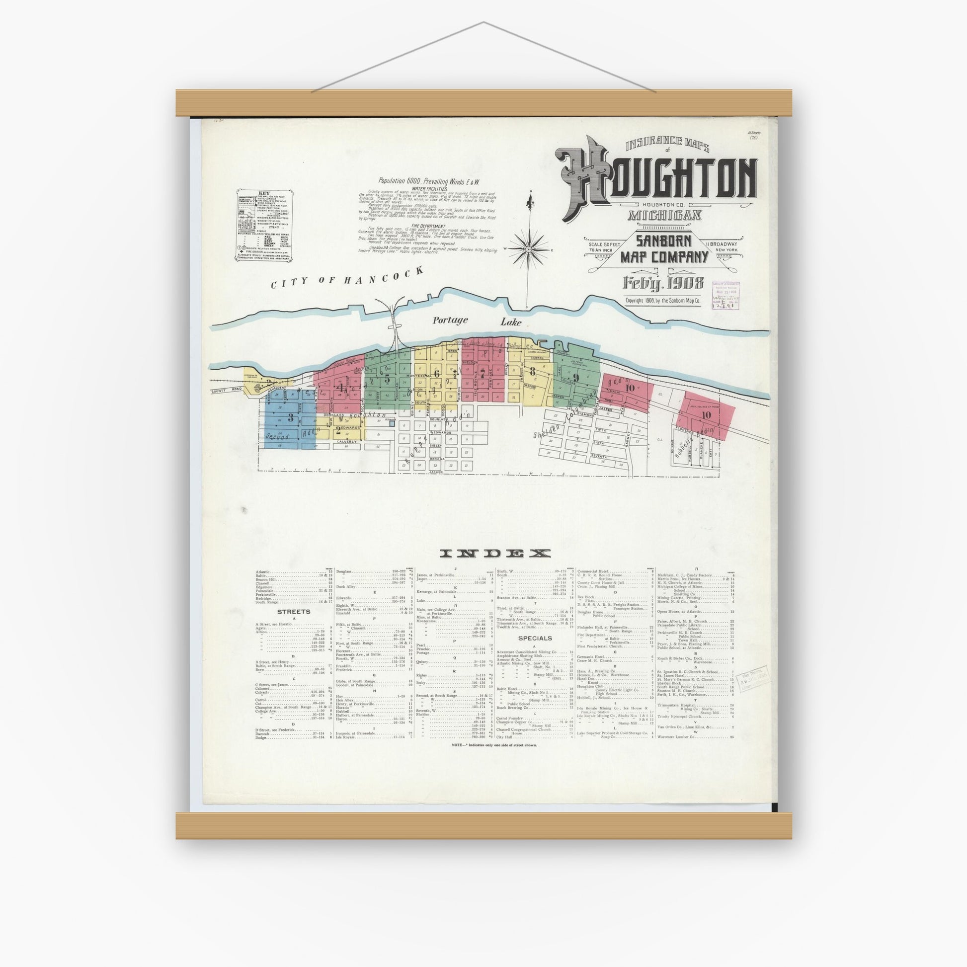 Old map wall art mockup — magnetic wood frame on white wall — Sanborn Fire Insurance Map from Houghton, Houghton County, Michigan (1908) - Complete Map Set