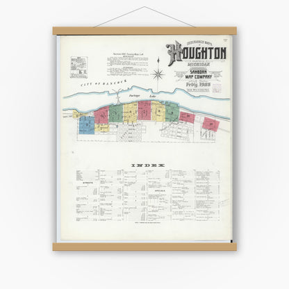 Old map wall art mockup — magnetic wood frame on white wall — Sanborn Fire Insurance Map from Houghton, Houghton County, Michigan (1908) - Complete Map Set