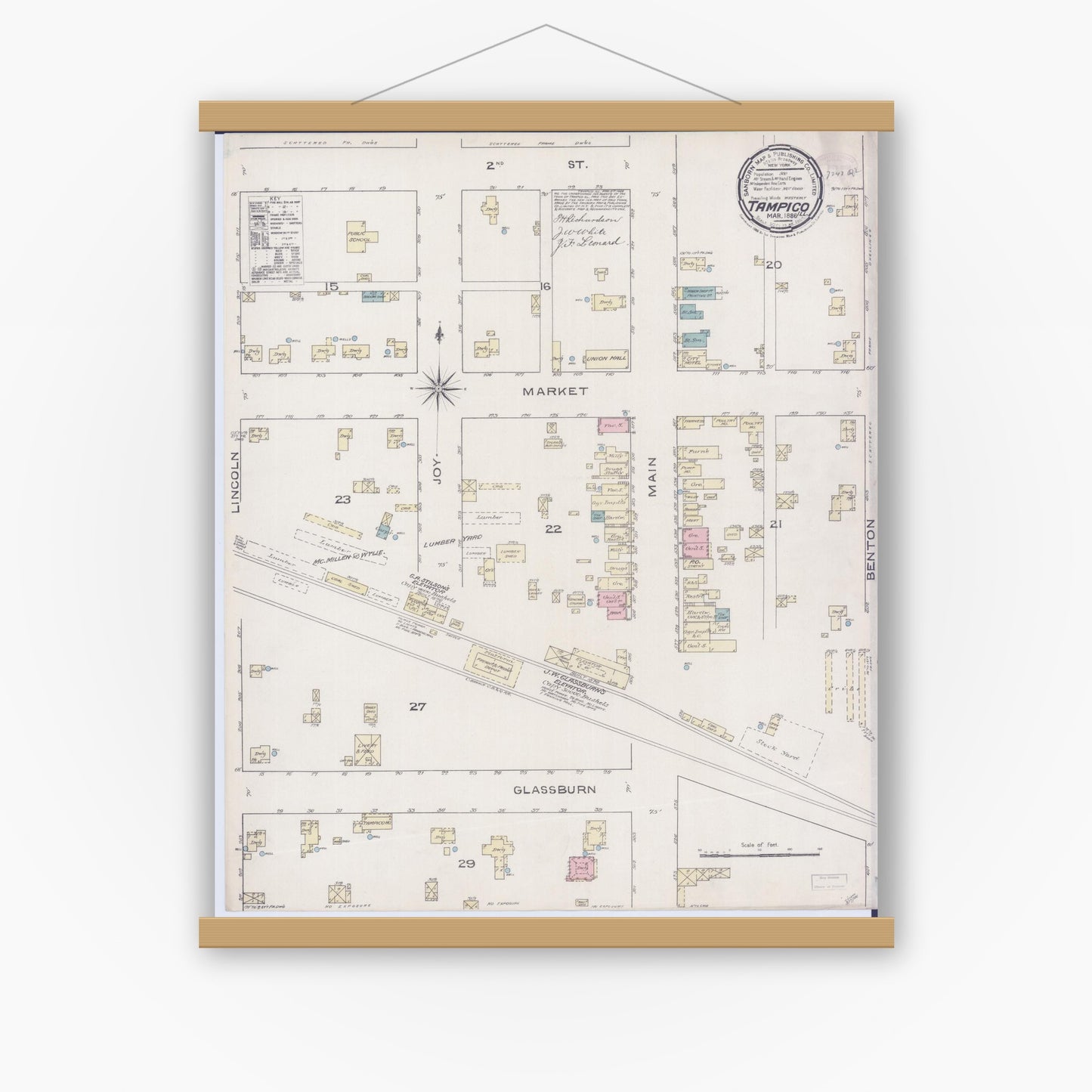 Old map wall art mockup — magnetic wood frame on white wall — Sanborn Fire Insurance Map from Tampico, Whiteside County, Illinois (1886), Sheet #0001