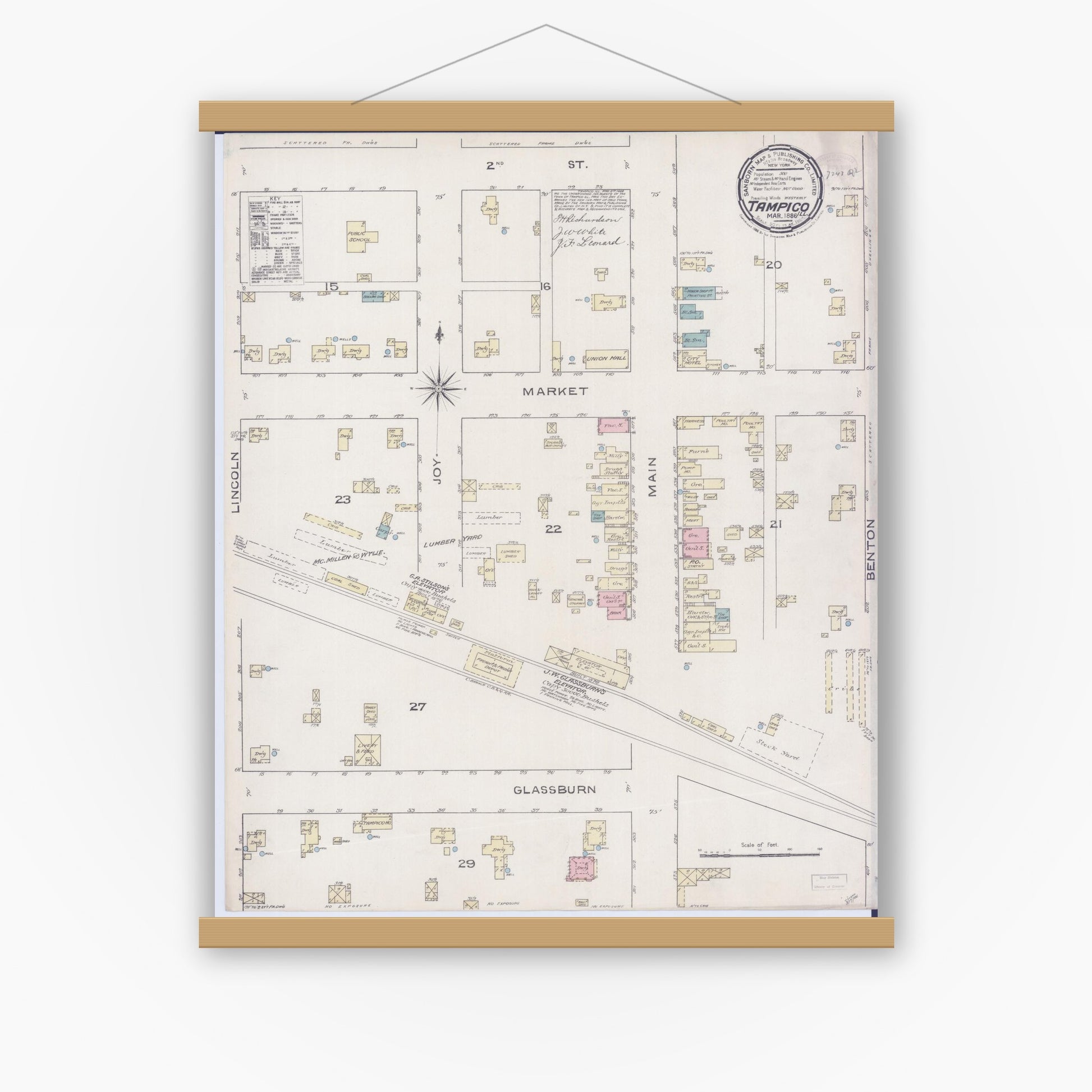 Old map wall art mockup — magnetic wood frame on white wall — Sanborn Fire Insurance Map from Tampico, Whiteside County, Illinois (1886), Sheet #0001