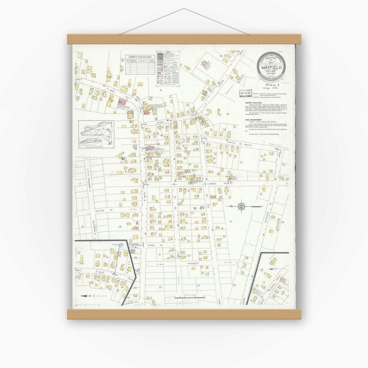 Old map wall art mockup — magnetic wood frame on white wall — Sanborn Fire Insurance Map from Mayfield, Fulton County, New York (1937), Sheet #0001