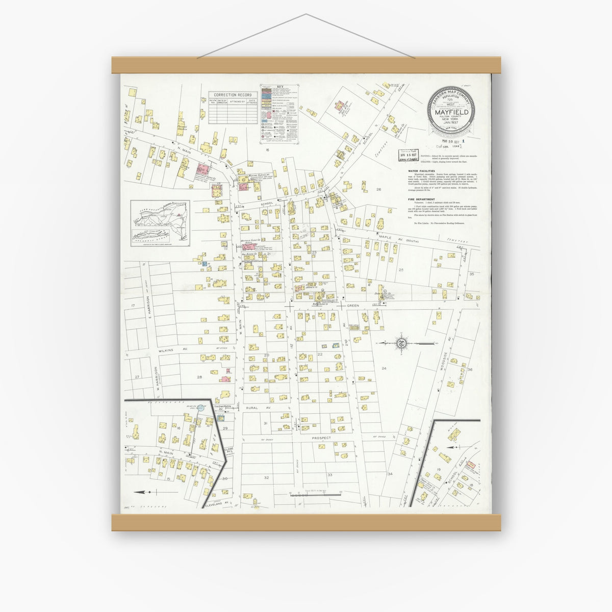 Old map wall art mockup — magnetic wood frame on white wall — Sanborn Fire Insurance Map from Mayfield, Fulton County, New York (1937), Sheet #0001