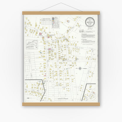 Old map wall art mockup — magnetic wood frame on white wall — Sanborn Fire Insurance Map from Mayfield, Fulton County, New York (1937), Sheet #0001