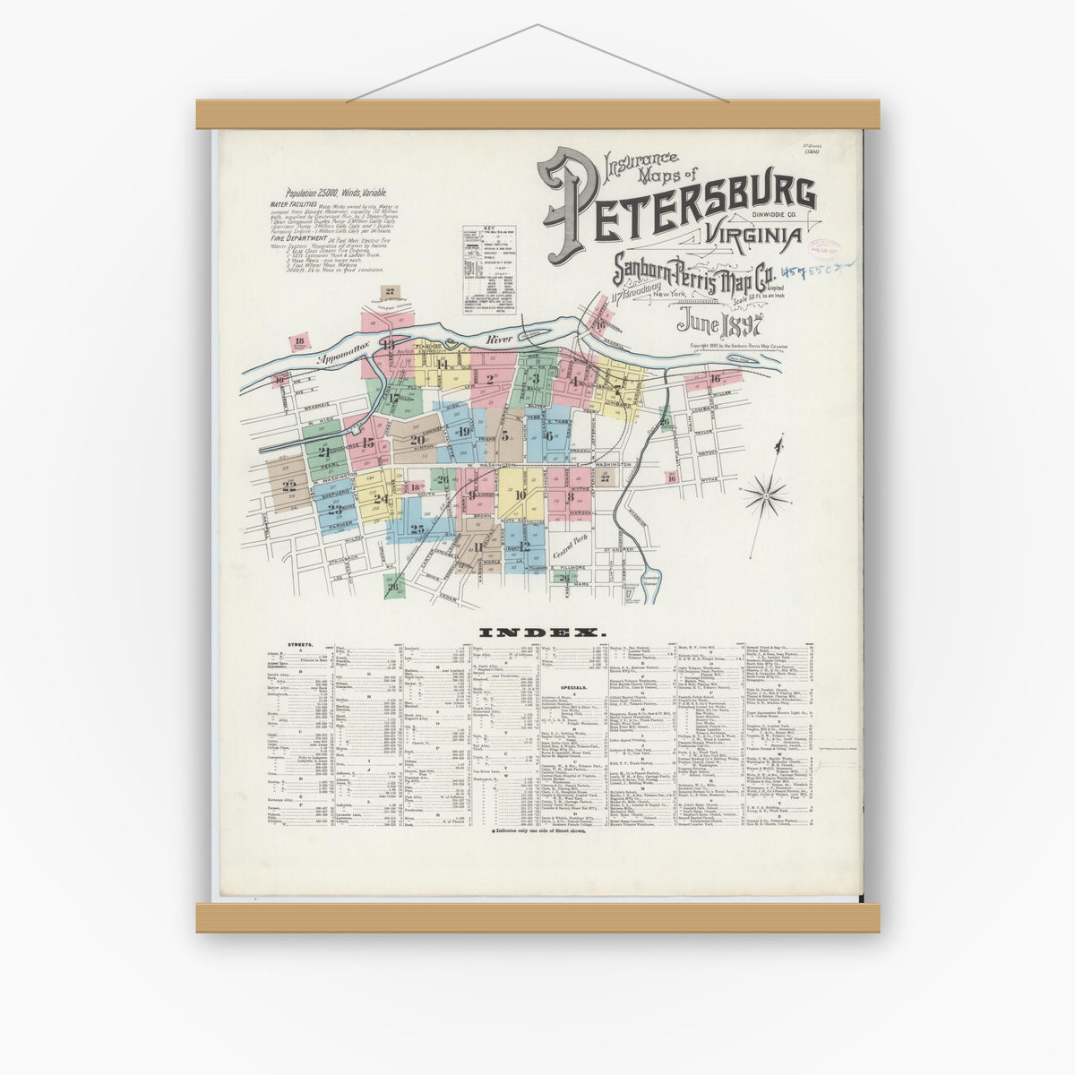 Old map wall art mockup — magnetic wood frame on white wall — Sanborn Fire Insurance Map from Petersburg, Independent Cities, Virginia (1897), Sheet #0001