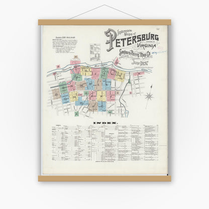 Old map wall art mockup — magnetic wood frame on white wall — Sanborn Fire Insurance Map from Petersburg, Independent Cities, Virginia (1897), Sheet #0001