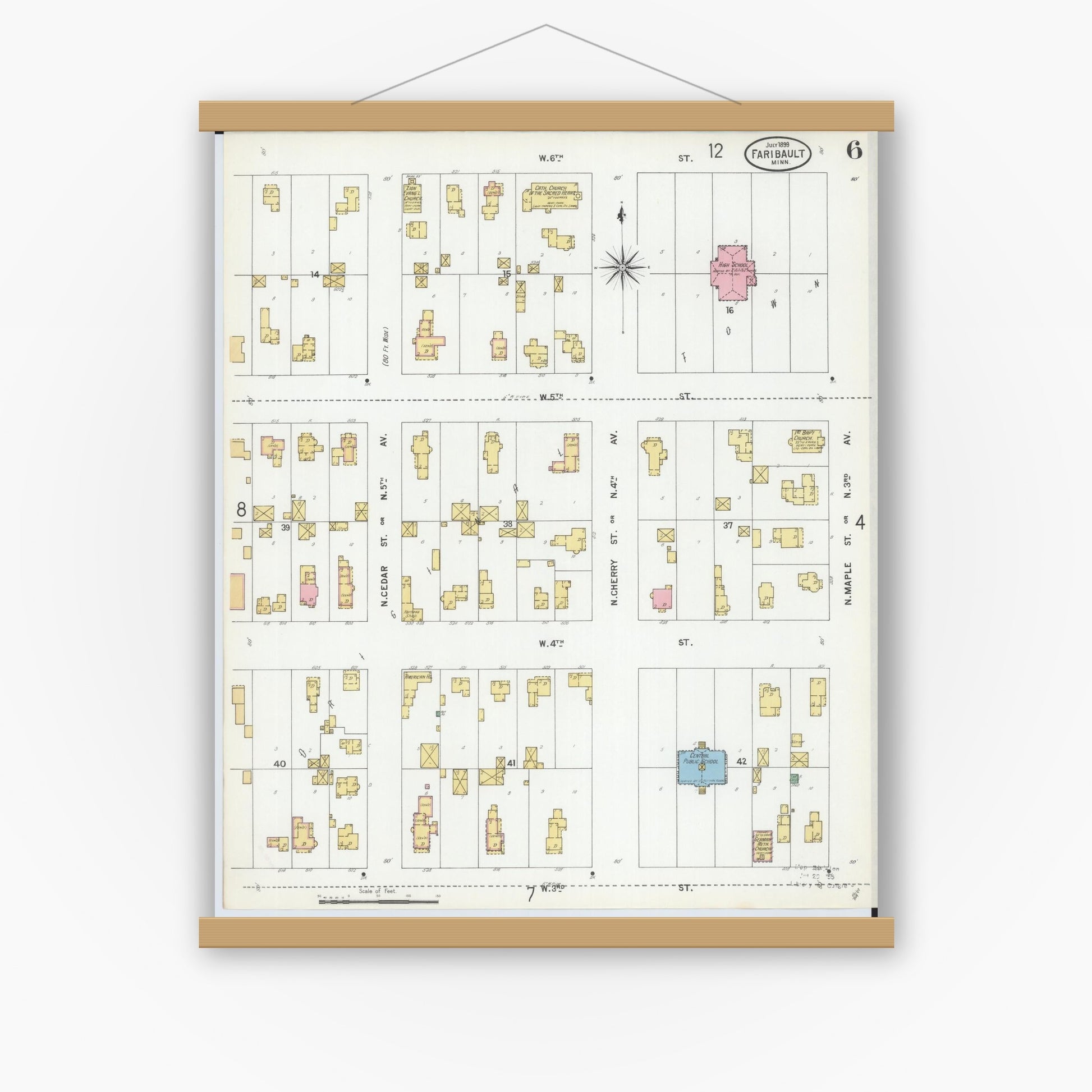 Old map wall art mockup — magnetic wood frame on white wall — Sanborn Fire Insurance Map from Faribault, Rice County, Minnesota (1899), Sheet #0006