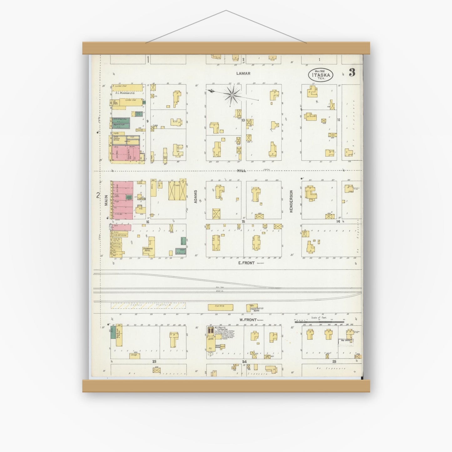 Old map wall art mockup — magnetic wood frame on white wall — Sanborn Fire Insurance Map from Itasca, Hill County, Texas (1902), Sheet #0003