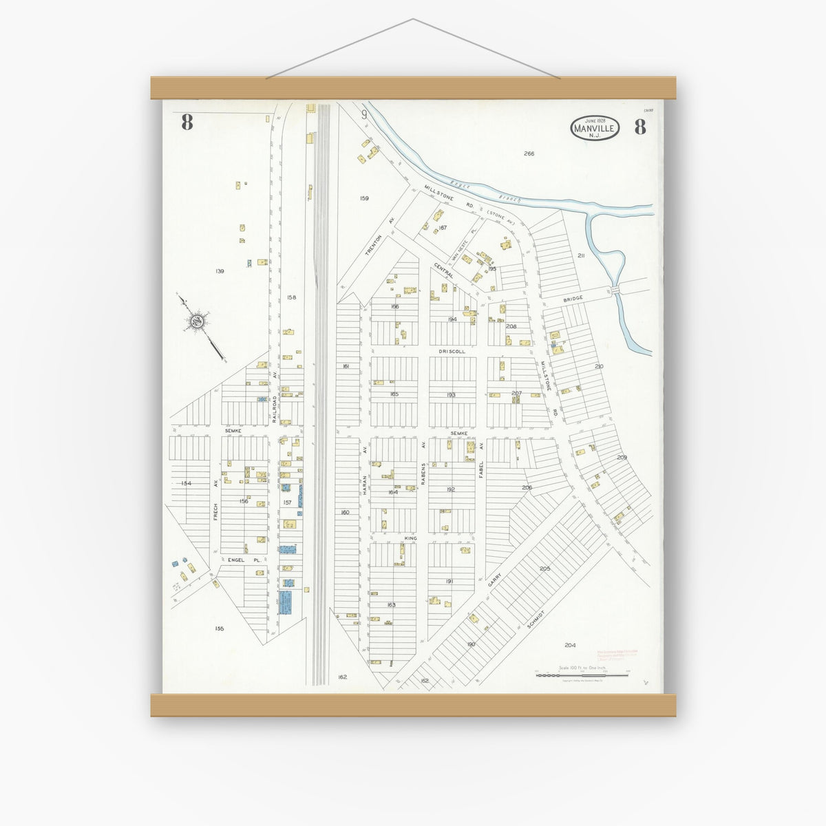 Old map wall art mockup — magnetic wood frame on white wall — Sanborn Fire Insurance Map from Manville, Somerset County, New Jersey (1928), Sheet #0008
