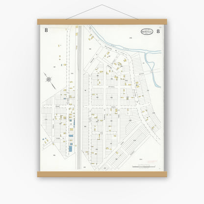 Old map wall art mockup — magnetic wood frame on white wall — Sanborn Fire Insurance Map from Manville, Somerset County, New Jersey (1928), Sheet #0008