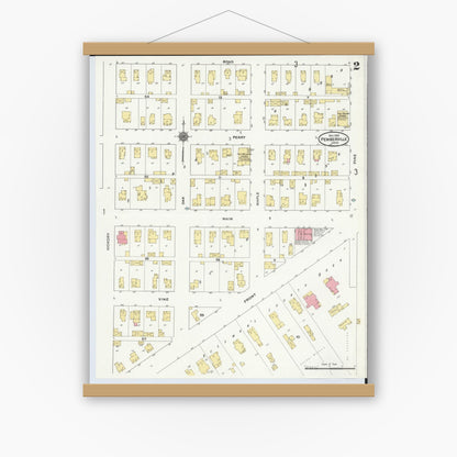 Old map wall art mockup — magnetic wood frame on white wall — Sanborn Fire Insurance Map from Pemberville, Wood County, Ohio (1910), Sheet #0002