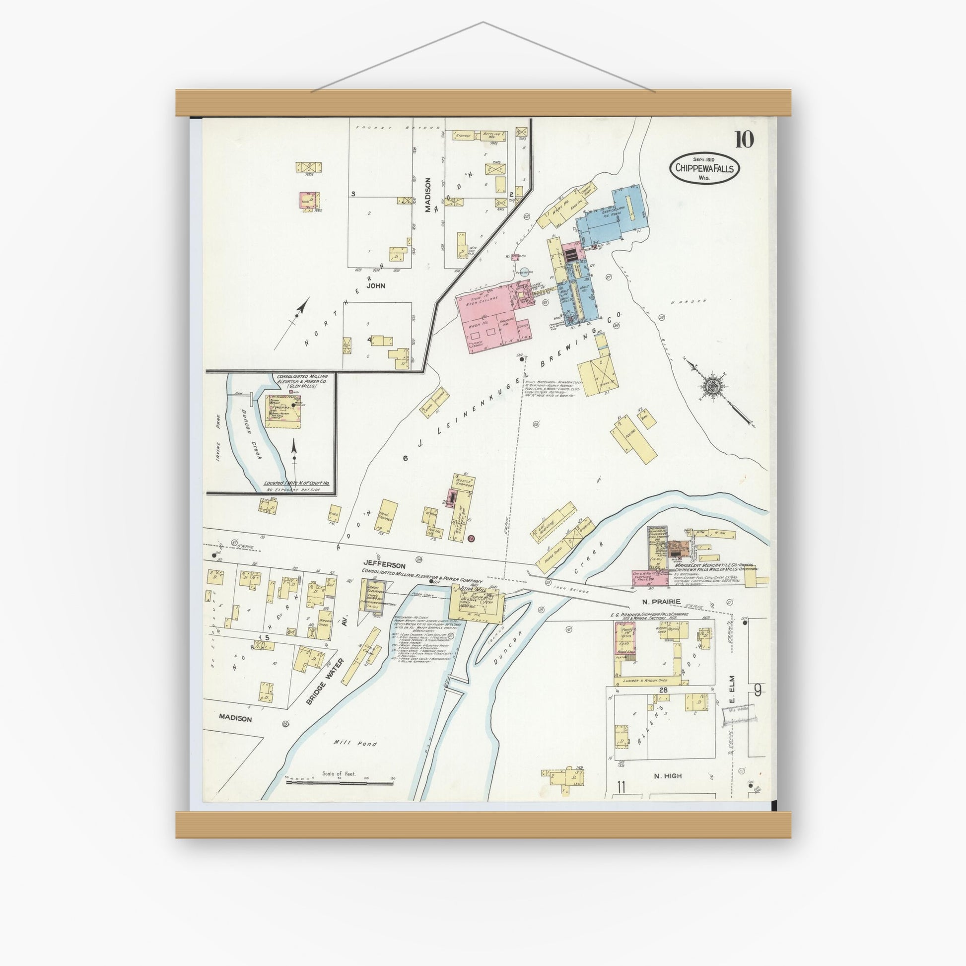 Old map wall art mockup — magnetic wood frame on white wall — Sanborn Fire Insurance Map from Chippewa Falls, Chippewa County, Wisconsin (1910), Sheet #0010