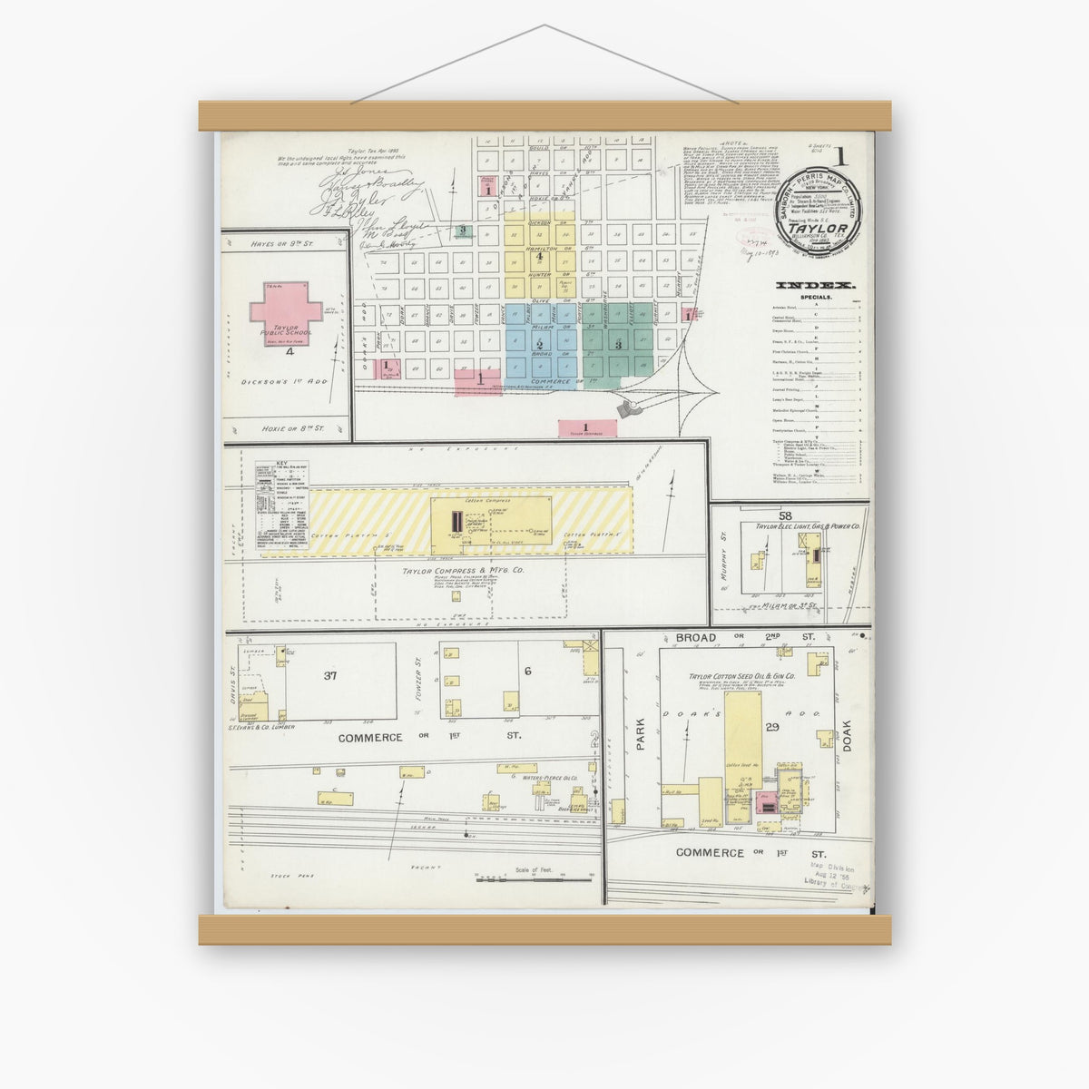 Old map wall art mockup — magnetic wood frame on white wall — Sanborn Fire Insurance Map from Taylor, Williamson County, Texas (1893) - Complete Map Set