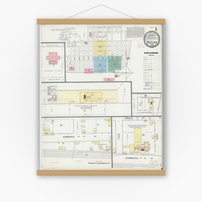 Old map wall art mockup — magnetic wood frame on white wall — Sanborn Fire Insurance Map from Taylor, Williamson County, Texas (1893) - Complete Map Set