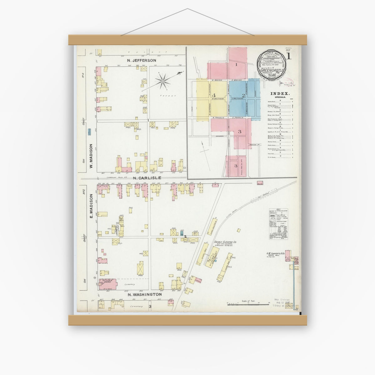 Old map wall art mockup — magnetic wood frame on white wall — Sanborn Fire Insurance Map from Greencastle, Franklin County, Pennsylvania (1891), Sheet #0001