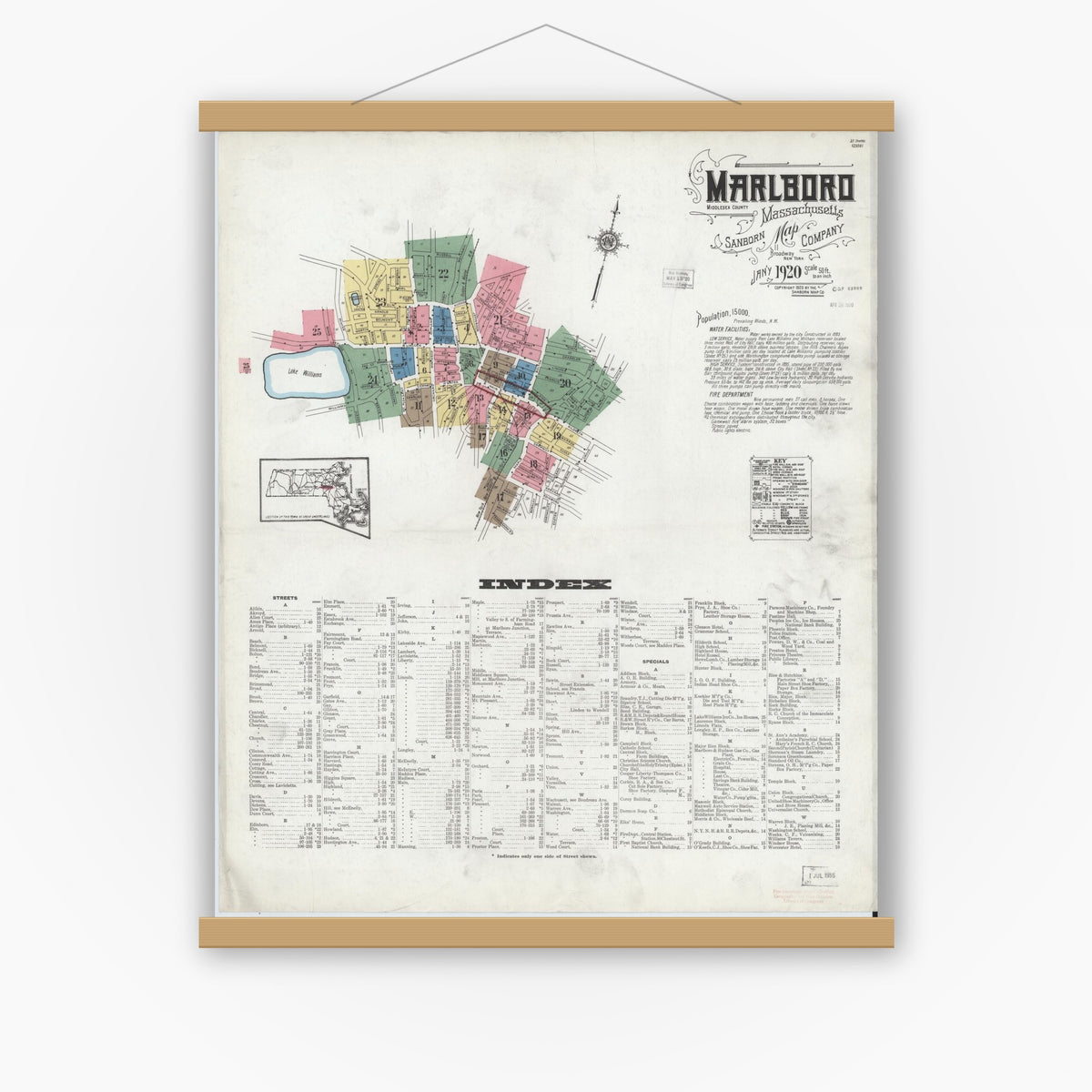 Old map wall art mockup — magnetic wood frame on white wall — Sanborn Fire Insurance Map from Marlborough, Middlesex County, Massachusetts (1920), Sheet #0001