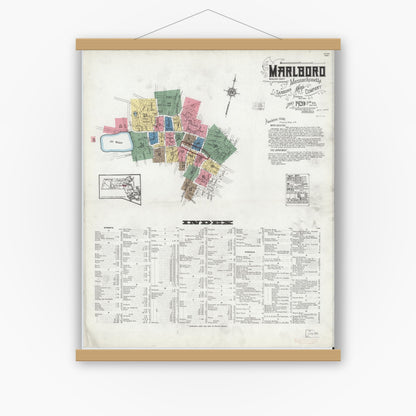Old map wall art mockup — magnetic wood frame on white wall — Sanborn Fire Insurance Map from Marlborough, Middlesex County, Massachusetts (1920), Sheet #0001