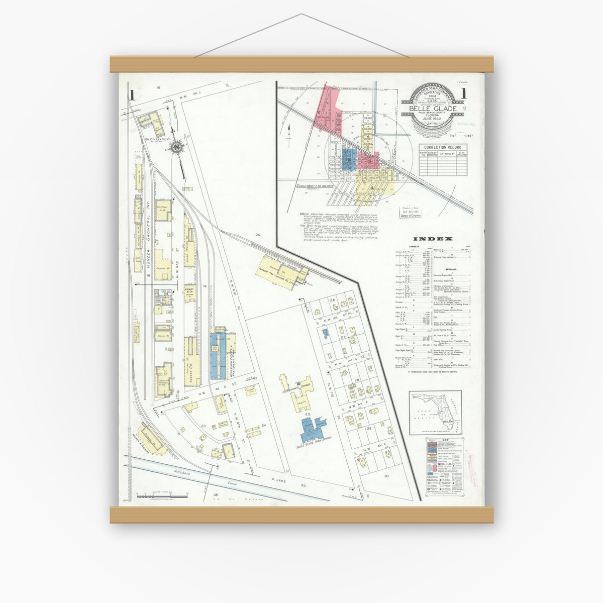 Old map wall art mockup — magnetic wood frame on white wall — Sanborn Fire Insurance Map from Belle Glade, Palm Beach County, Florida (1942) - Complete Map Set