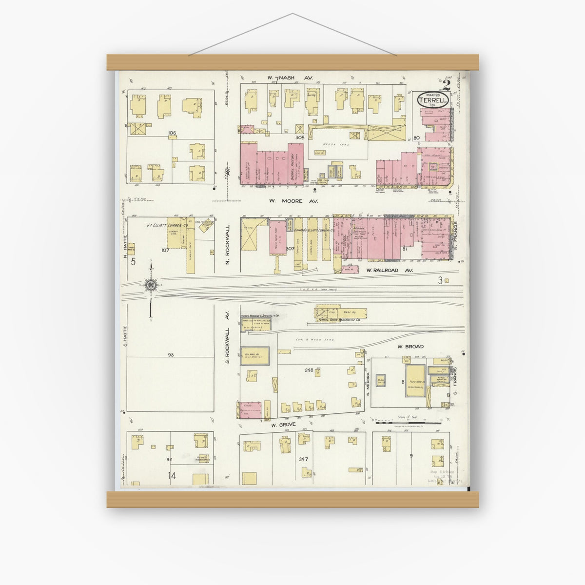 Old map wall art mockup — magnetic wood frame on white wall — Sanborn Fire Insurance Map from Terrell, Kaufman County, Texas (1921), Sheet #0002