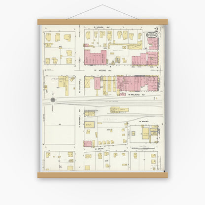 Old map wall art mockup — magnetic wood frame on white wall — Sanborn Fire Insurance Map from Terrell, Kaufman County, Texas (1921), Sheet #0002