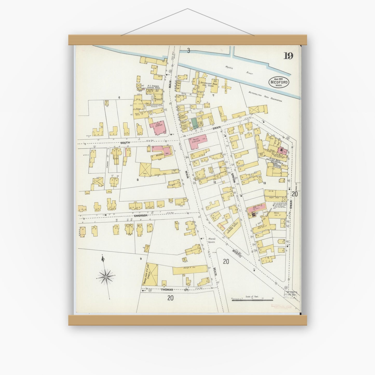 Old map wall art mockup — magnetic wood frame on white wall — Sanborn Fire Insurance Map from Medford, Middlesex County, Massachusetts (1903), Sheet #0019