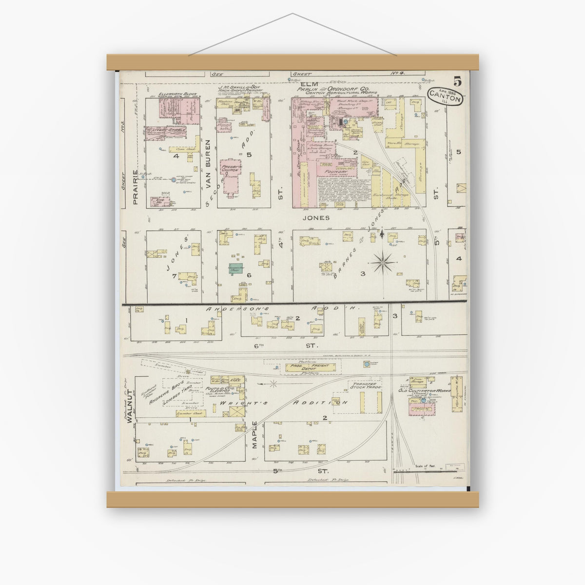 Old map wall art mockup — magnetic wood frame on white wall — Sanborn Fire Insurance Map from Canton, Fulton County, Illinois (1886), Sheet #0005