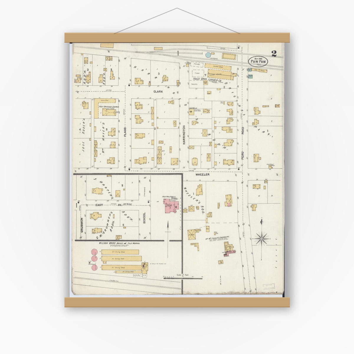 Old map wall art mockup — magnetic wood frame on white wall — Sanborn Fire Insurance Map from Paw Paw, Lee County, Illinois (1902), Sheet #0002