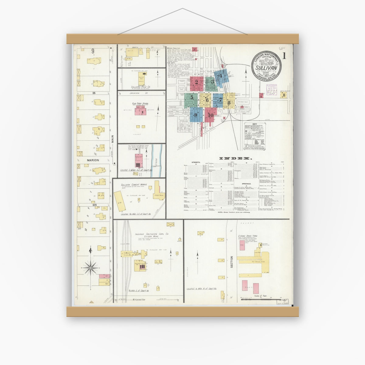 Old map wall art mockup — magnetic wood frame on white wall — Sanborn Fire Insurance Map from Sullivan, Sullivan County, Indiana (1907) - Complete Map Set